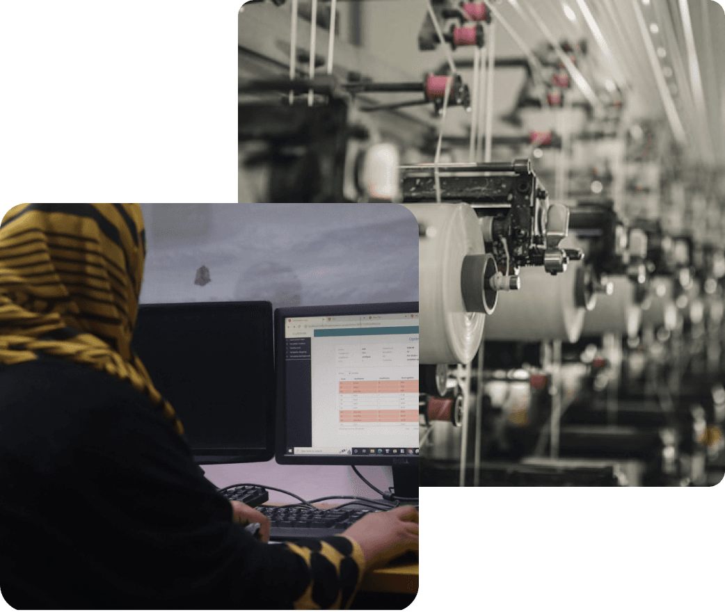 Composite of an office worker looking at data and textiles